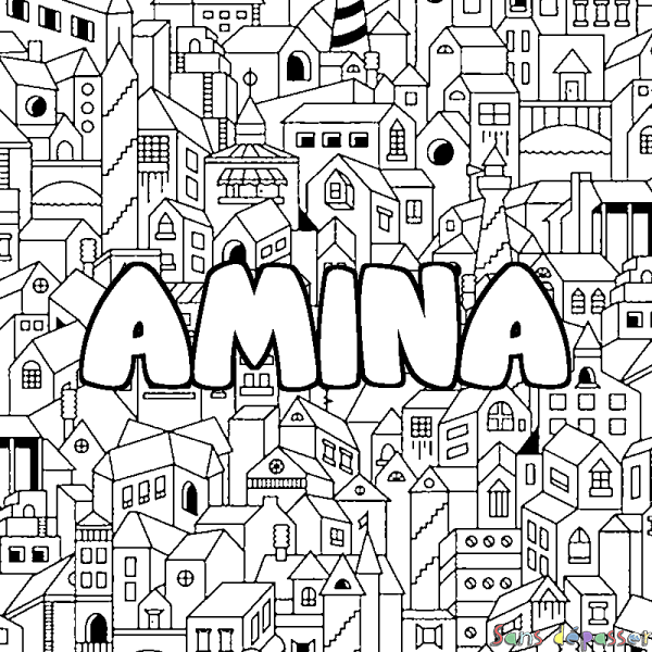 Coloriage prénom AMINA - d&eacute;cor Ville