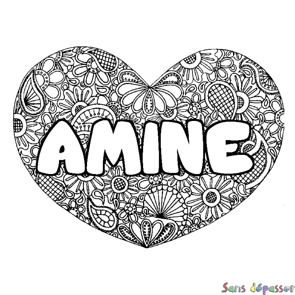 Coloriage pr&eacute;nom AMINE - d&eacute;cor Mandala coeur