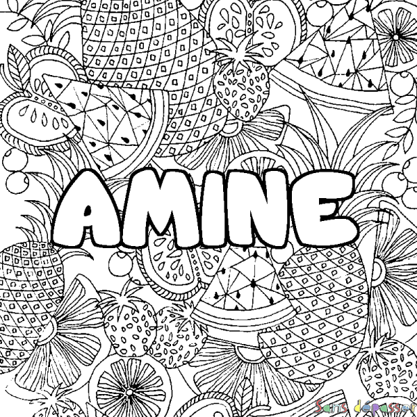 Coloriage pr&eacute;nom AMINE - d&eacute;cor Mandala fruits