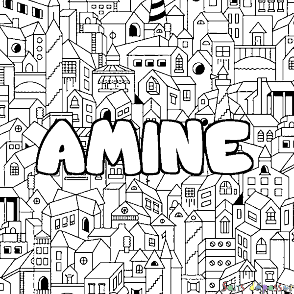 Coloriage pr&eacute;nom AMINE - d&eacute;cor Ville