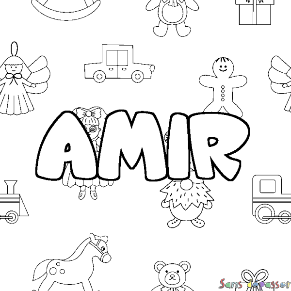 Coloriage pr&eacute;nom AMIR - d&eacute;cor Jouets