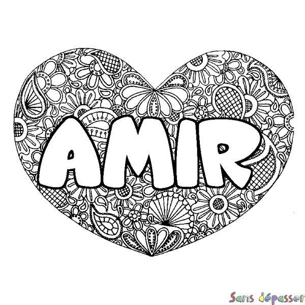 Coloriage pr&eacute;nom AMIR - d&eacute;cor Mandala coeur