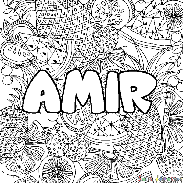 Coloriage pr&eacute;nom AMIR - d&eacute;cor Mandala fruits