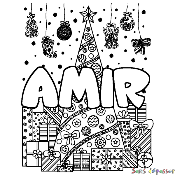 Coloriage pr&eacute;nom AMIR - d&eacute;cor Sapin et Cadeaux