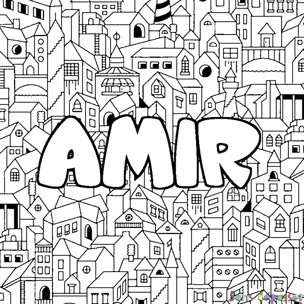 Coloriage pr&eacute;nom AMIR - d&eacute;cor Ville