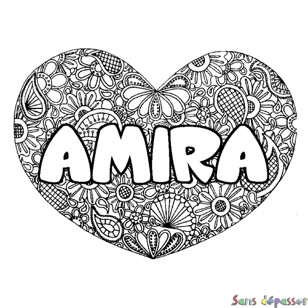 Coloriage prénom AMIRA - d&eacute;cor Mandala coeur