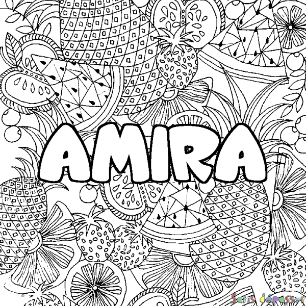 Coloriage prénom AMIRA - d&eacute;cor Mandala fruits