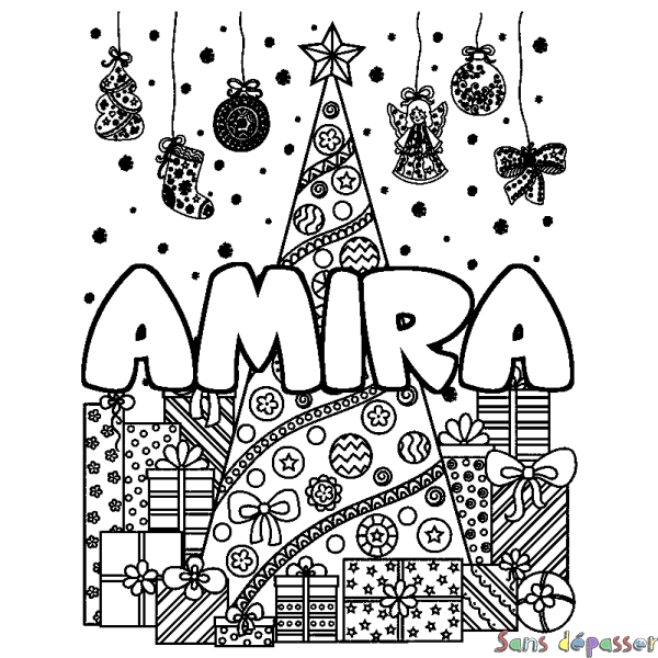 Coloriage prénom AMIRA - d&eacute;cor Sapin et Cadeaux