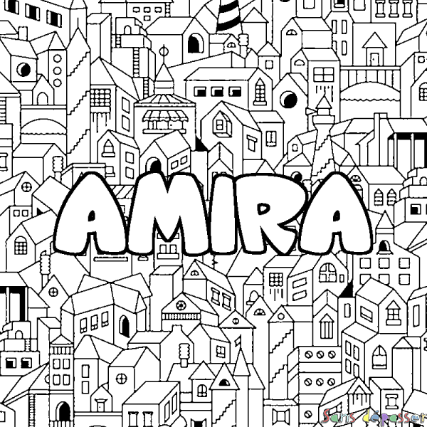 Coloriage prénom AMIRA - d&eacute;cor Ville