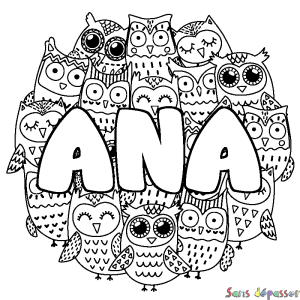 Coloriage pr&eacute;nom ANA - d&eacute;cor Chouettes