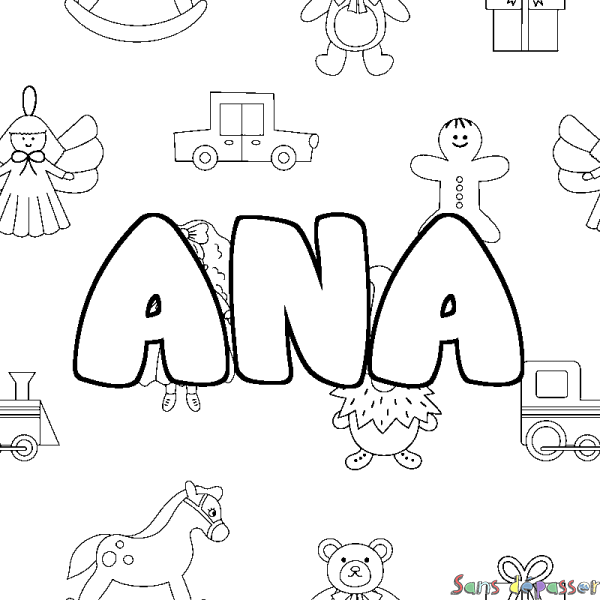Coloriage pr&eacute;nom ANA - d&eacute;cor Jouets