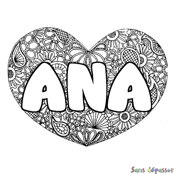 Coloriage pr&eacute;nom ANA - d&eacute;cor Mandala coeur
