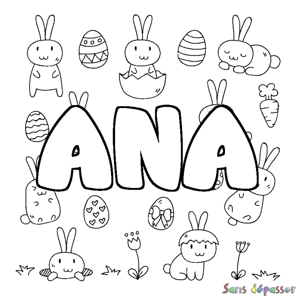 Coloriage pr&eacute;nom ANA - d&eacute;cor Paques