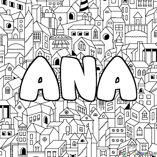 Coloriage pr&eacute;nom ANA - d&eacute;cor Ville
