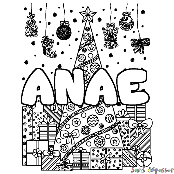 Coloriage pr&eacute;nom ANAE - d&eacute;cor Sapin et Cadeaux