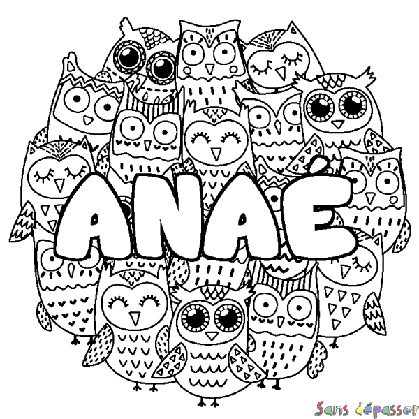 Coloriage pr&eacute;nom ANA&Eacute; - d&eacute;cor Chouettes