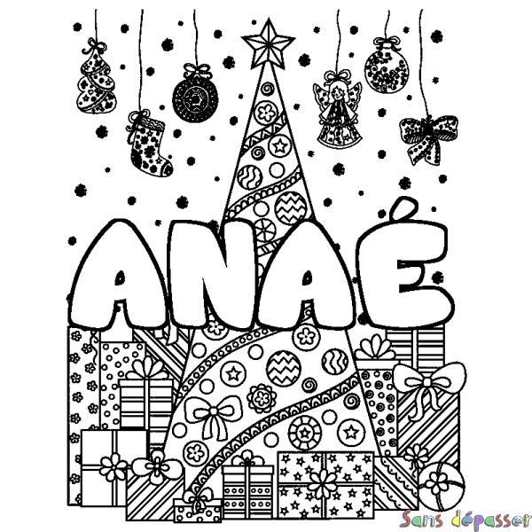 Coloriage pr&eacute;nom ANA&Eacute; - d&eacute;cor Sapin et Cadeaux