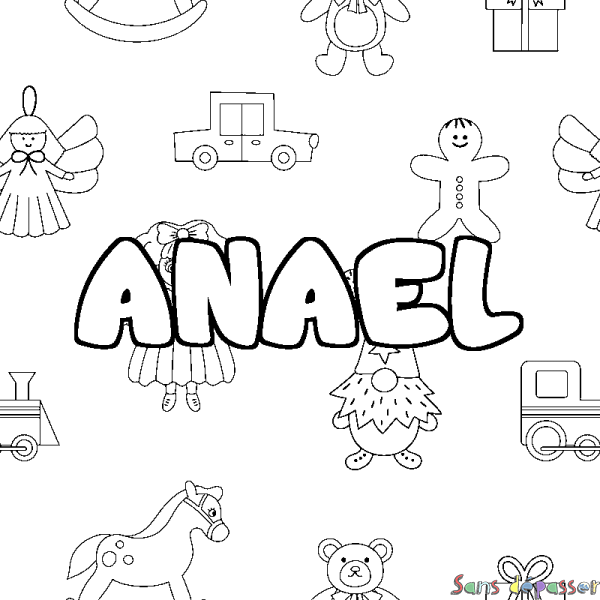 Coloriage pr&eacute;nom ANAEL - d&eacute;cor Jouets