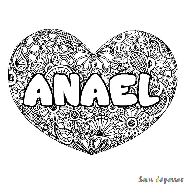 Coloriage pr&eacute;nom ANAEL - d&eacute;cor Mandala coeur