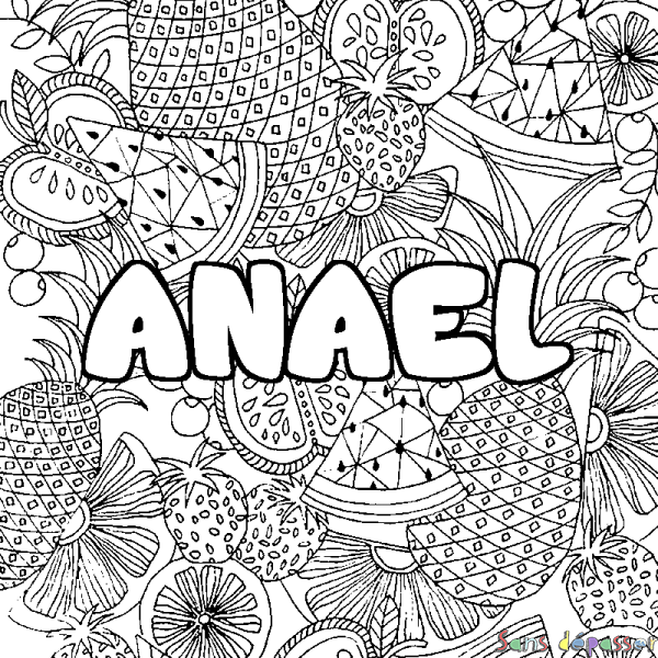 Coloriage pr&eacute;nom ANAEL - d&eacute;cor Mandala fruits