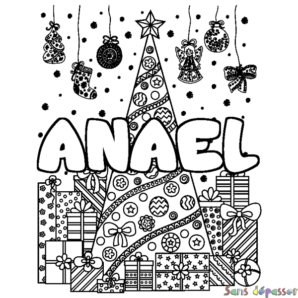 Coloriage pr&eacute;nom ANAEL - d&eacute;cor Sapin et Cadeaux