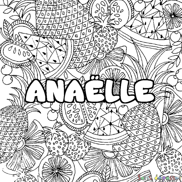 Coloriage pr&eacute;nom ANA&Euml;LLE - d&eacute;cor Mandala fruits
