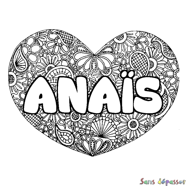 Coloriage pr&eacute;nom ANA&Iuml;S - d&eacute;cor Mandala coeur