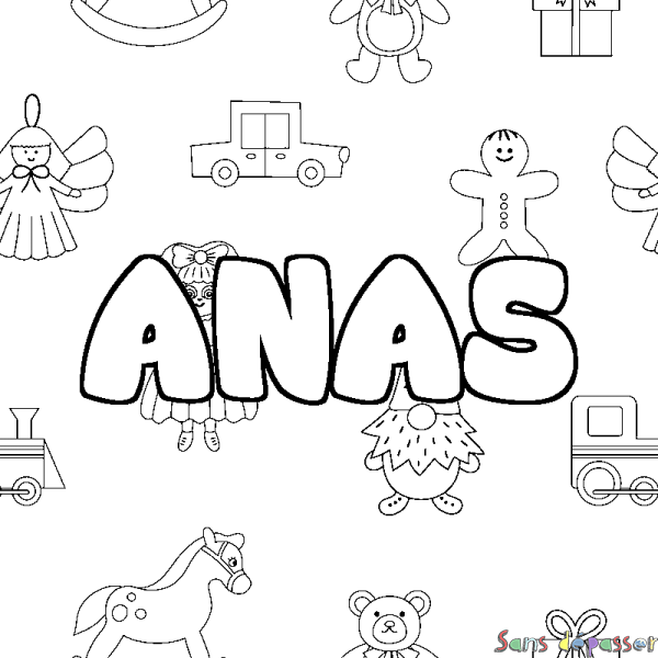 Coloriage pr&eacute;nom ANAS - d&eacute;cor Jouets