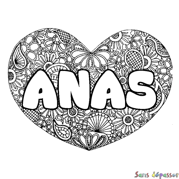 Coloriage pr&eacute;nom ANAS - d&eacute;cor Mandala coeur