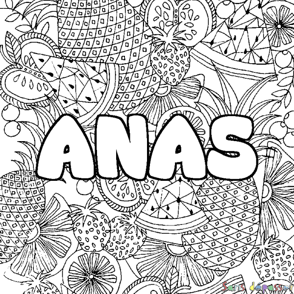 Coloriage pr&eacute;nom ANAS - d&eacute;cor Mandala fruits