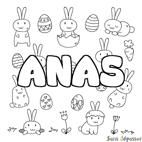 Coloriage pr&eacute;nom ANAS - d&eacute;cor Paques