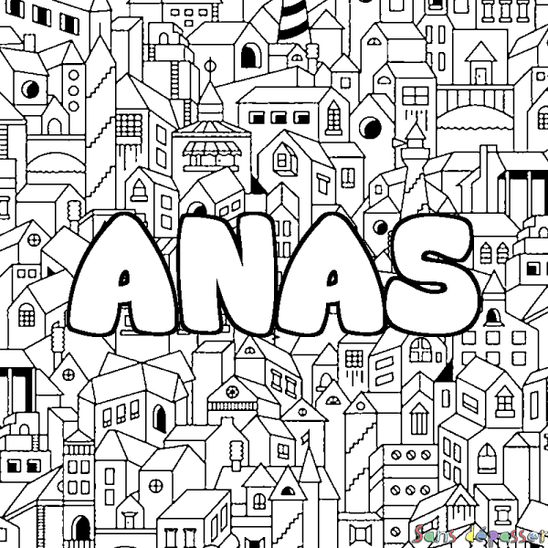 Coloriage pr&eacute;nom ANAS - d&eacute;cor Ville