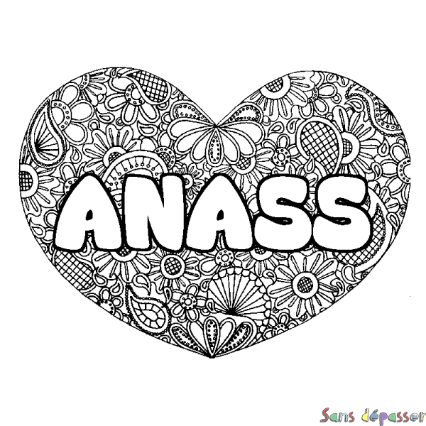 Coloriage prénom ANASS - d&eacute;cor Mandala coeur