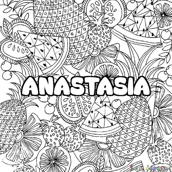 Coloriage pr&eacute;nom ANASTASIA - d&eacute;cor Mandala fruits