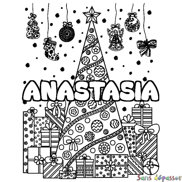 Coloriage pr&eacute;nom ANASTASIA - d&eacute;cor Sapin et Cadeaux
