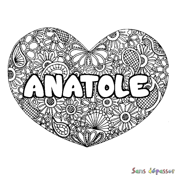 Coloriage prénom ANATOLE - d&eacute;cor Mandala coeur