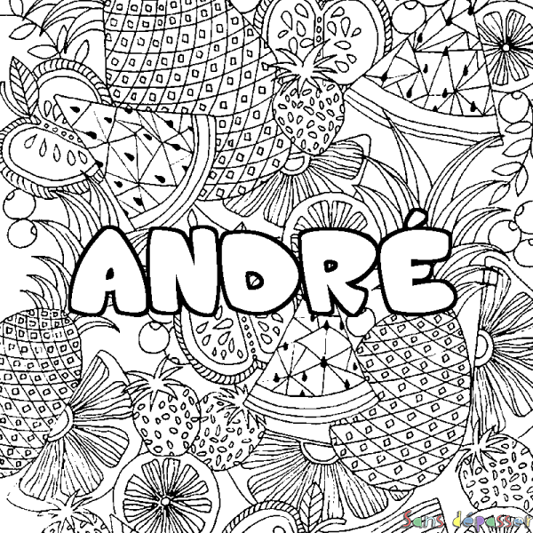 Coloriage pr&eacute;nom ANDR&Eacute; - d&eacute;cor Mandala fruits