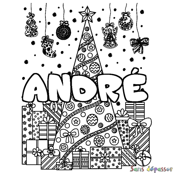 Coloriage pr&eacute;nom ANDR&Eacute; - d&eacute;cor Sapin et Cadeaux
