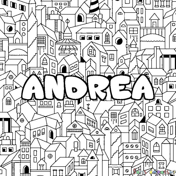 Coloriage pr&eacute;nom ANDREA - d&eacute;cor Ville