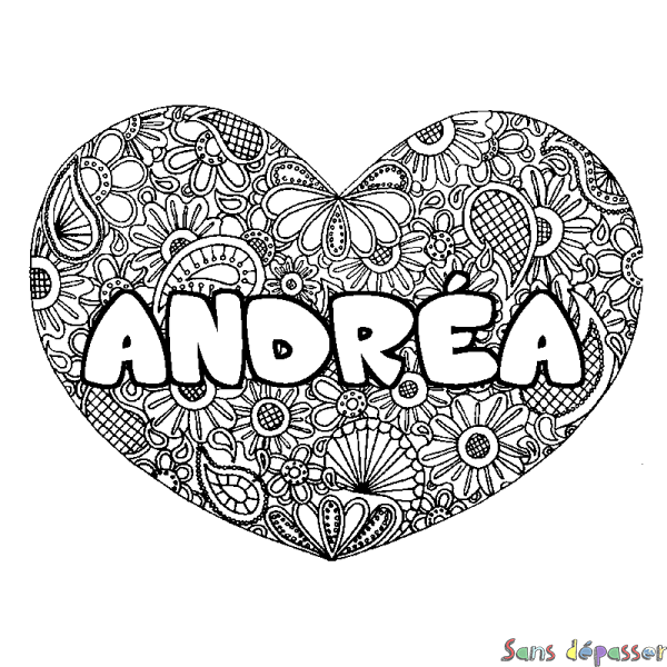 Coloriage pr&eacute;nom ANDR&Eacute;A - d&eacute;cor Mandala coeur