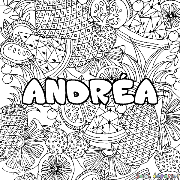 Coloriage pr&eacute;nom ANDR&Eacute;A - d&eacute;cor Mandala fruits