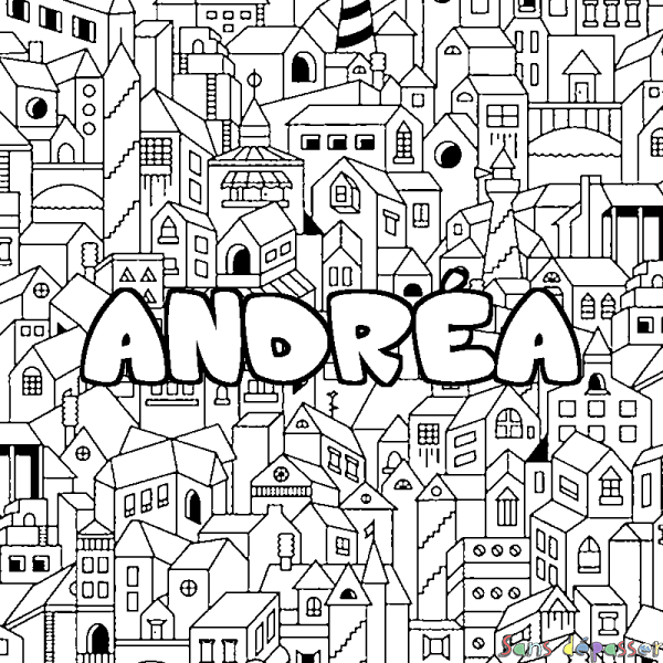 Coloriage pr&eacute;nom ANDR&Eacute;A - d&eacute;cor Ville