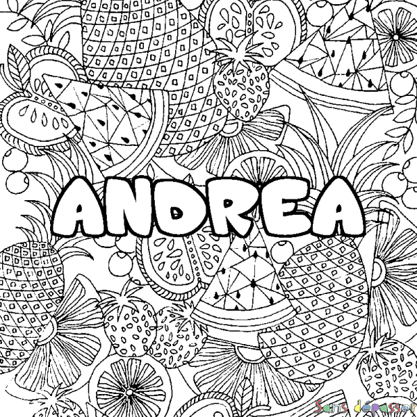 Coloriage prénom ANDREA - d&eacute;cor Mandala fruits