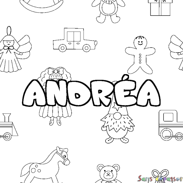 Coloriage pr&eacute;nom ANDR&Eacute;A - d&eacute;cor Jouets
