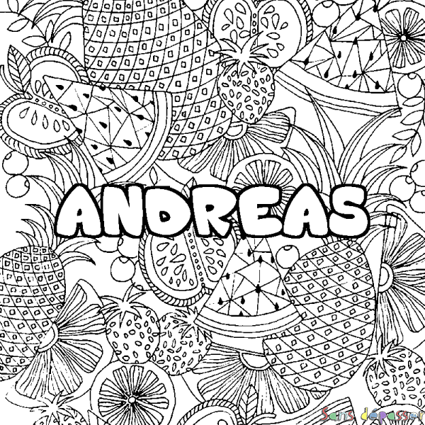 Coloriage pr&eacute;nom ANDREAS - d&eacute;cor Mandala fruits