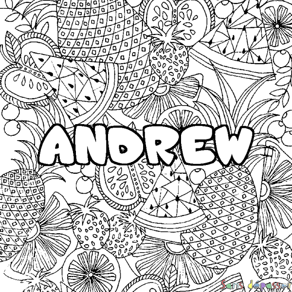 Coloriage prénom ANDREW - d&eacute;cor Mandala fruits