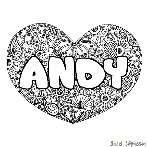 Coloriage pr&eacute;nom ANDY - d&eacute;cor Mandala coeur