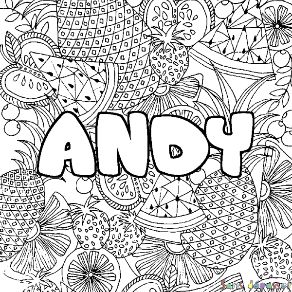 Coloriage pr&eacute;nom ANDY - d&eacute;cor Mandala fruits