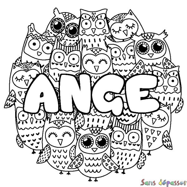 Coloriage pr&eacute;nom ANGE - d&eacute;cor Chouettes