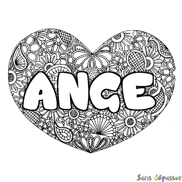 Coloriage pr&eacute;nom ANGE - d&eacute;cor Mandala coeur